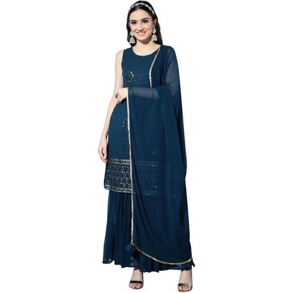 Women's Georgette Embroidered Kurta and Sharara & Dupatta Set